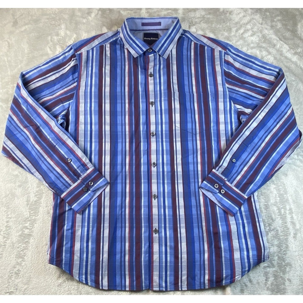 Tommy Bahama Mens Button Up Shirt Large Navy Blue Multi Stripe Cotton Silk